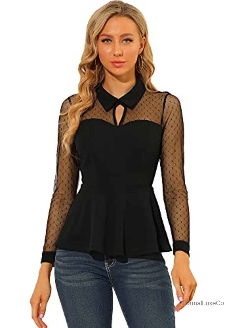 Allegra K Women's Mesh Blouse Long Sleeve Keyhole Peplum Top
